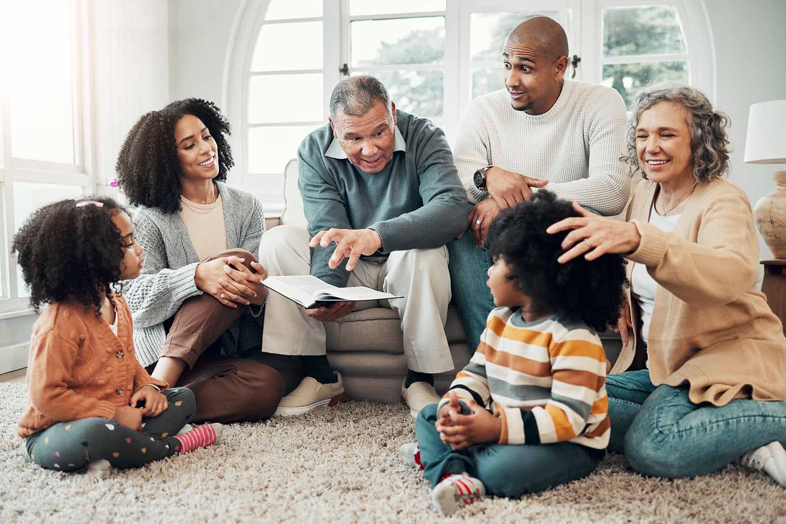 Multigenerational family playing games.